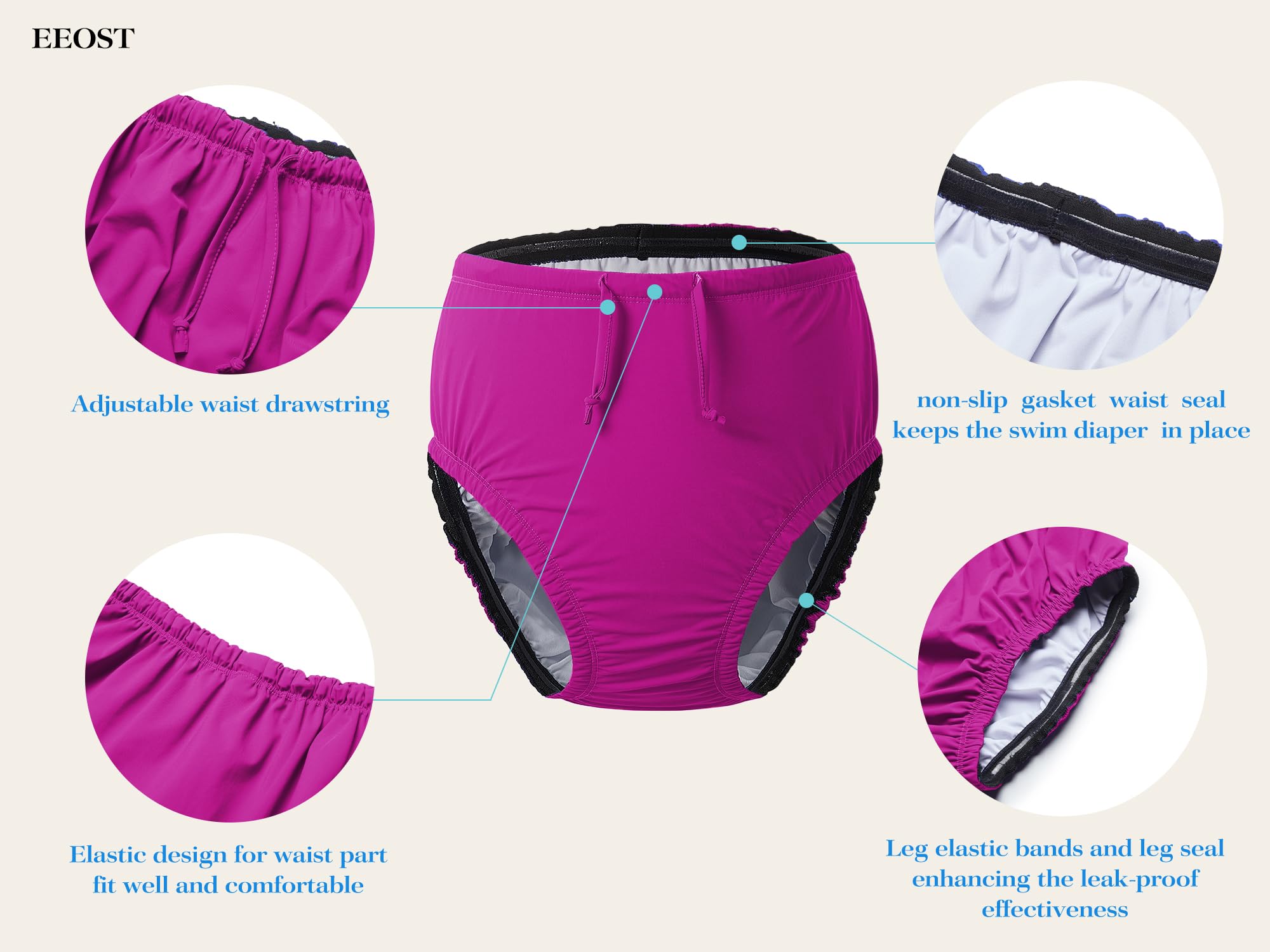 EEOST pink 2XL back view, waterproof middle layer for leak protection.