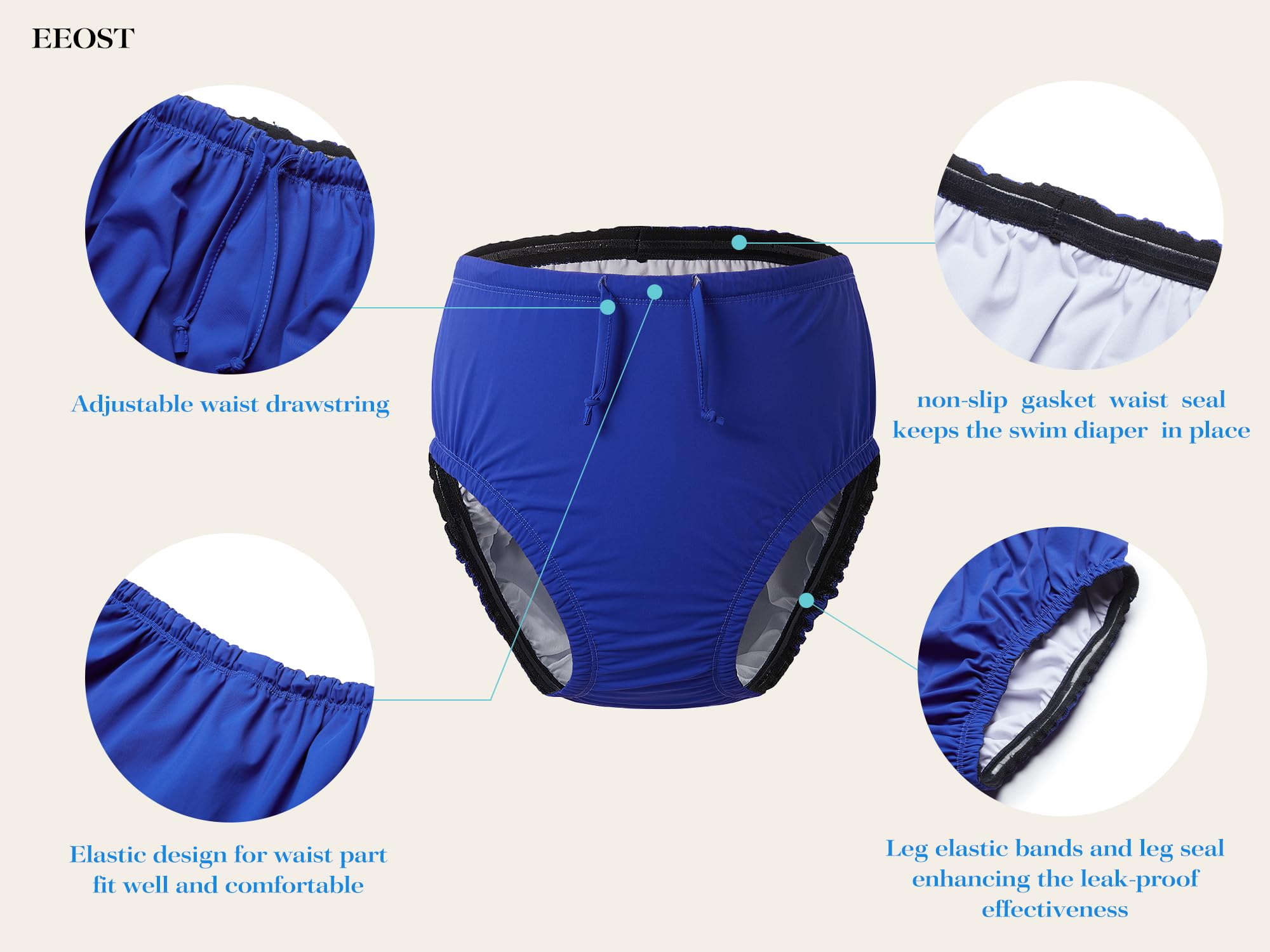 EEOST adult swim diaper blue XXL leg elastic shows enhanced leak prevention during water activities