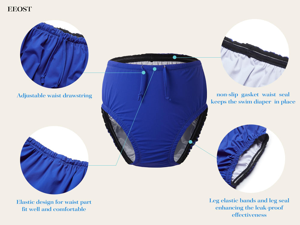 EEOST adult swim diaper blue XXL leg elastic shows enhanced leak prevention during water activities