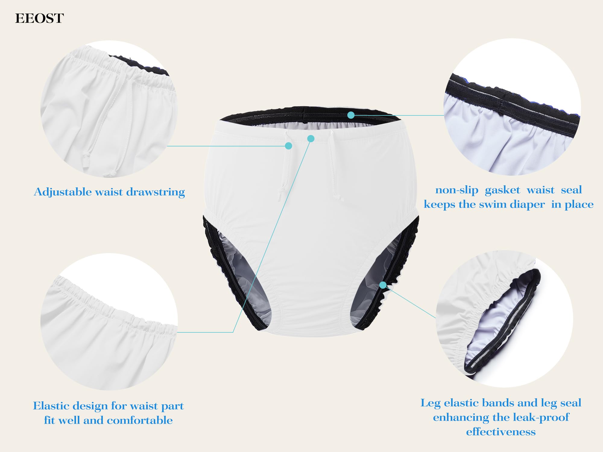 EEOST diaper features leg elastic and non-slip gasket for better leak protection.