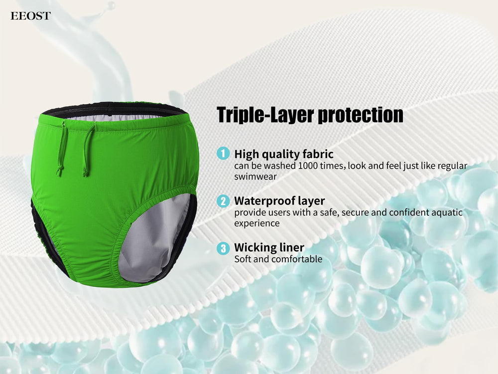 EEOST adult swim diaper lime-green waist close-up showing adjustable drawstring and gasket seal for leak prevention