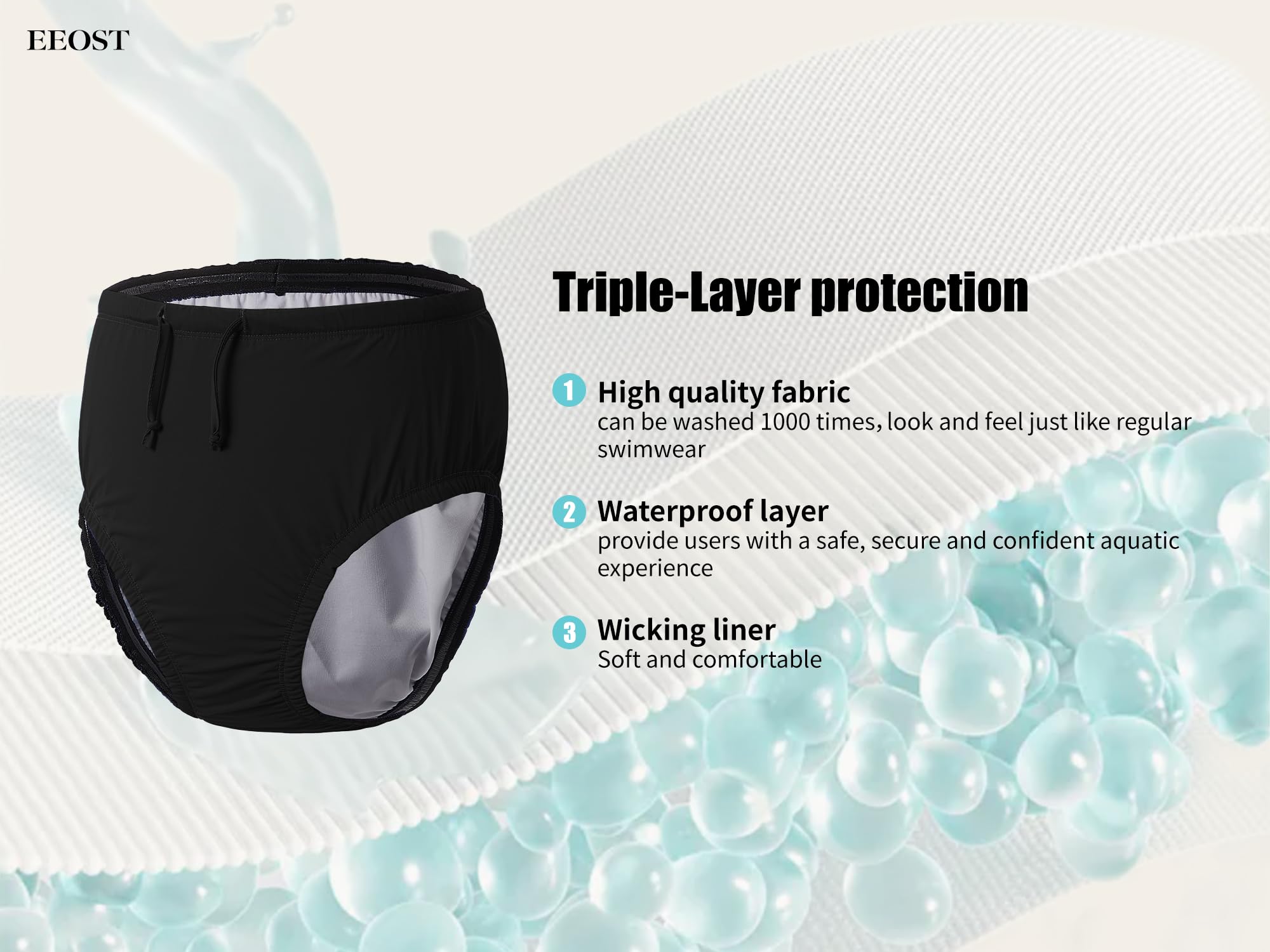 EEOST adult swim diaper waterproof coating provides leak protection during aquatic activity.
