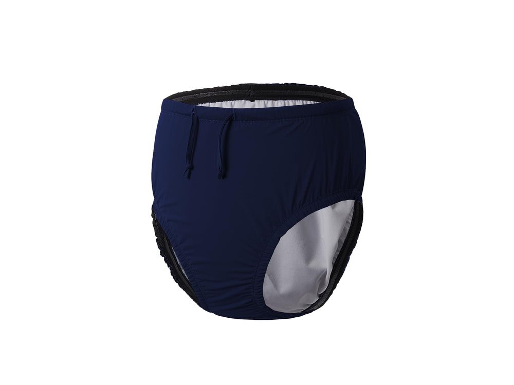 EEOST adult swim diaper navy outer fabric shows durable, quick-drying protection for water use.
