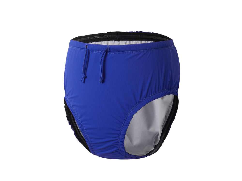 EEOST blue adult reusable swim diaper flatlay showing versatile leakproof option