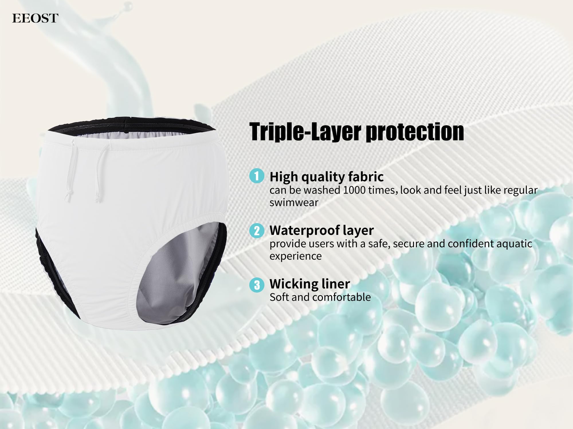 EEOST swim diaper adjustable waist close-up highlights secure fit for active kids.