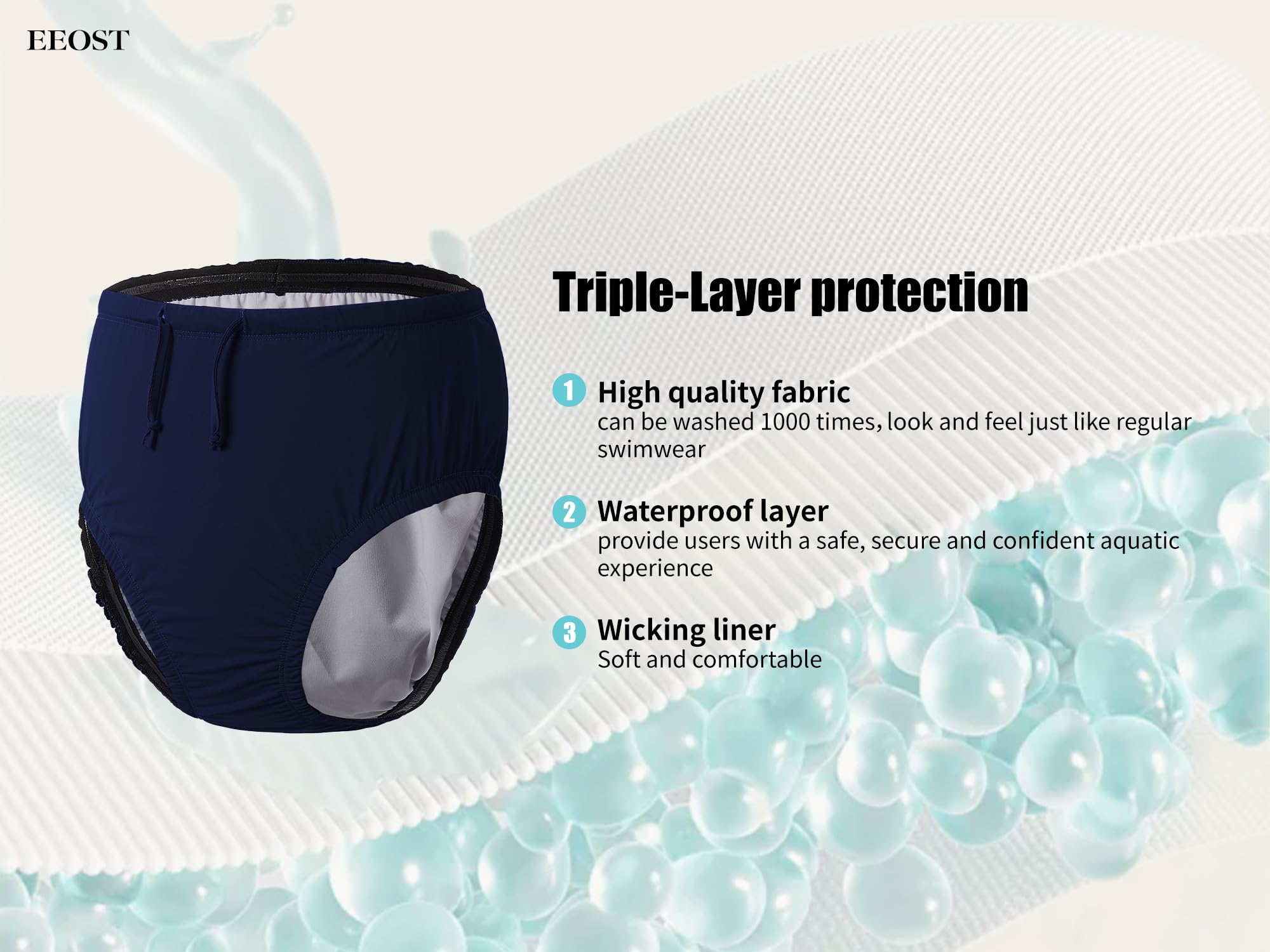 EEOST triple-layer leakproof design close-up shows durable outer fabric