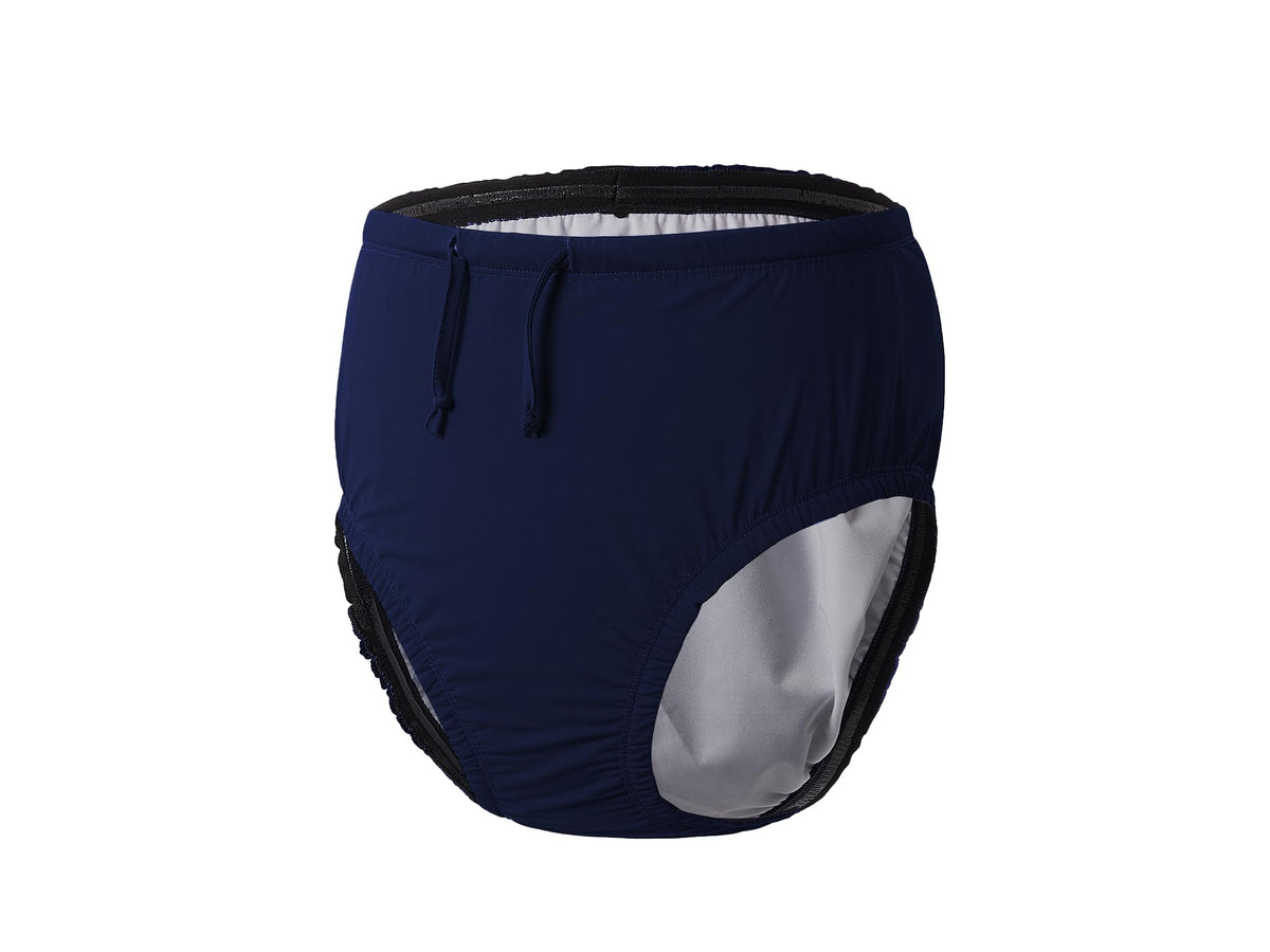 EEOST Youth Swim Diaper Navy outer layer close-up showing leak-proof pool protection