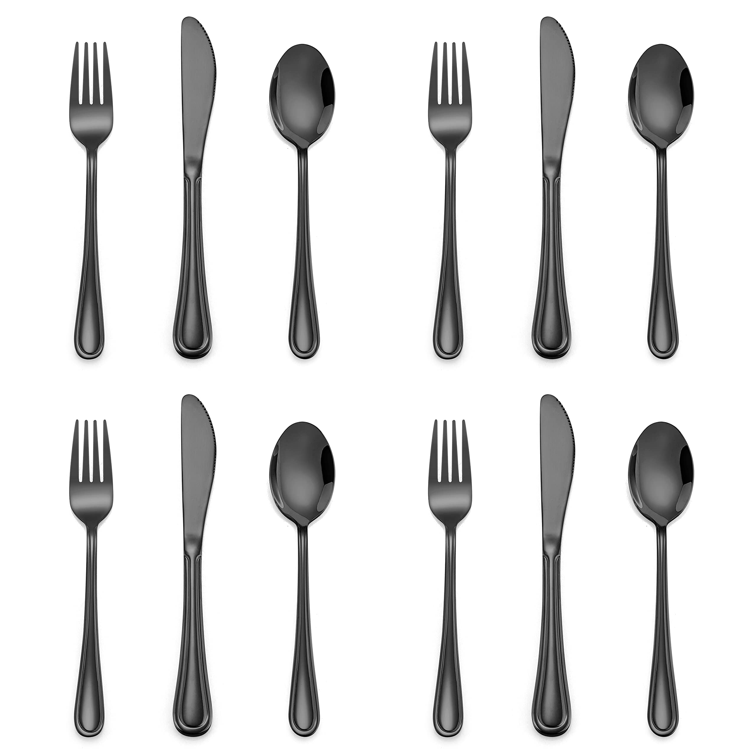 E-far 12-piece black kids silverware set with slimline design for independent mealtime.