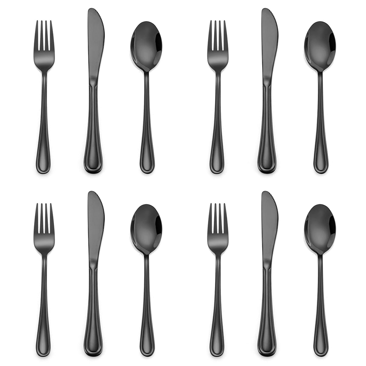 E-far 12-piece black kids silverware set with slimline design for independent mealtime.