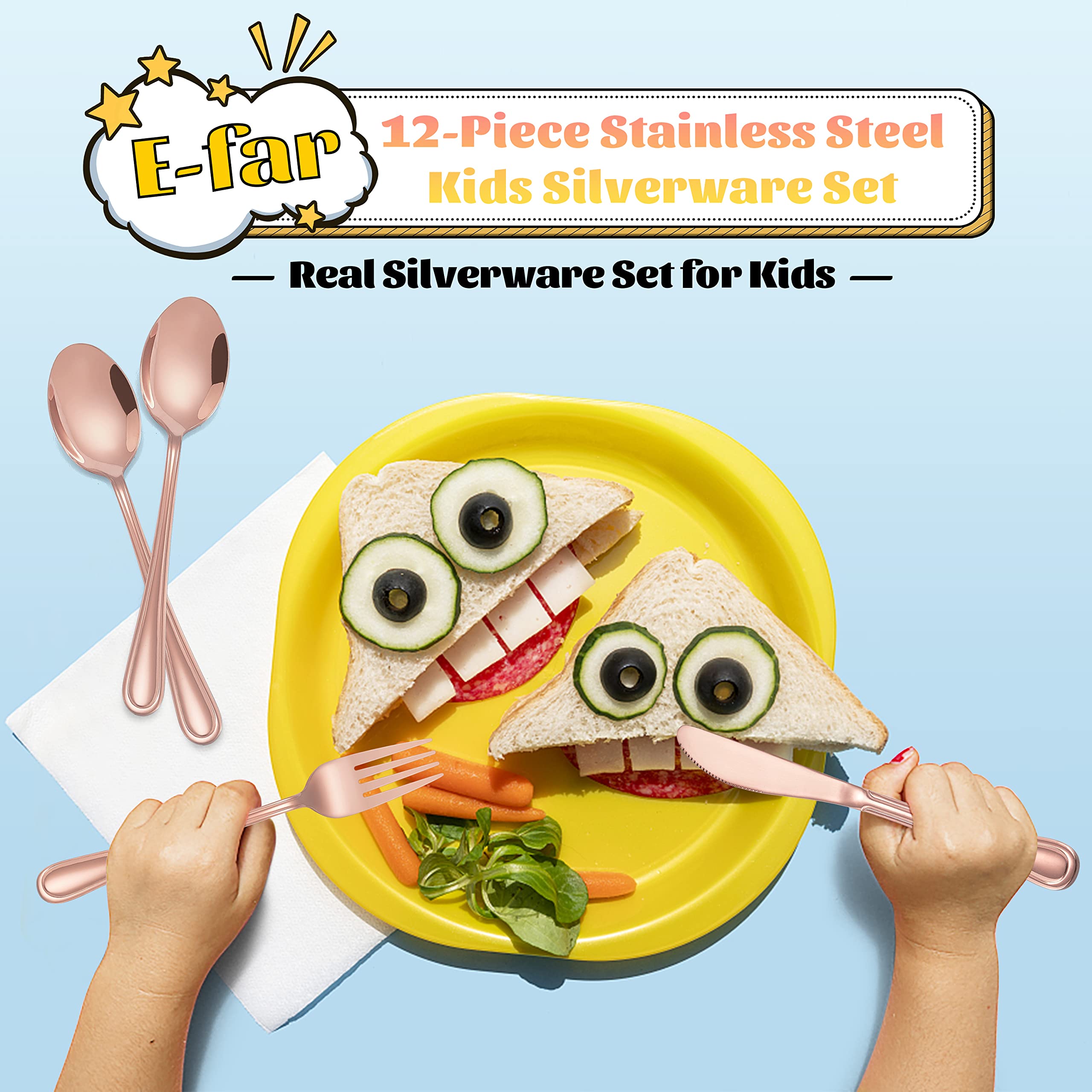 E-far copper kids silverware 12-piece set ideal for family meals and lunch boxes