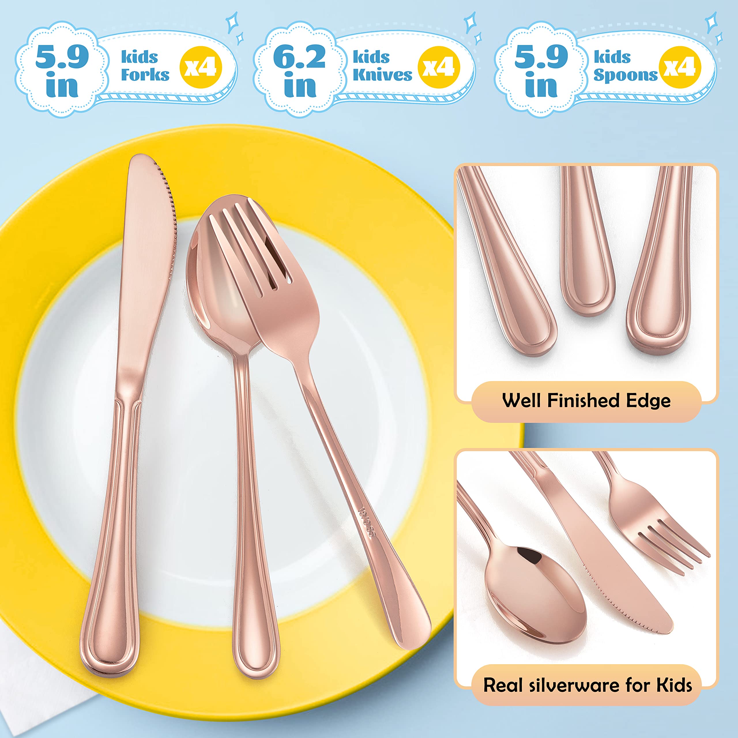 E-far copper kids silverware knives with serrated edge for safe beginner cutting