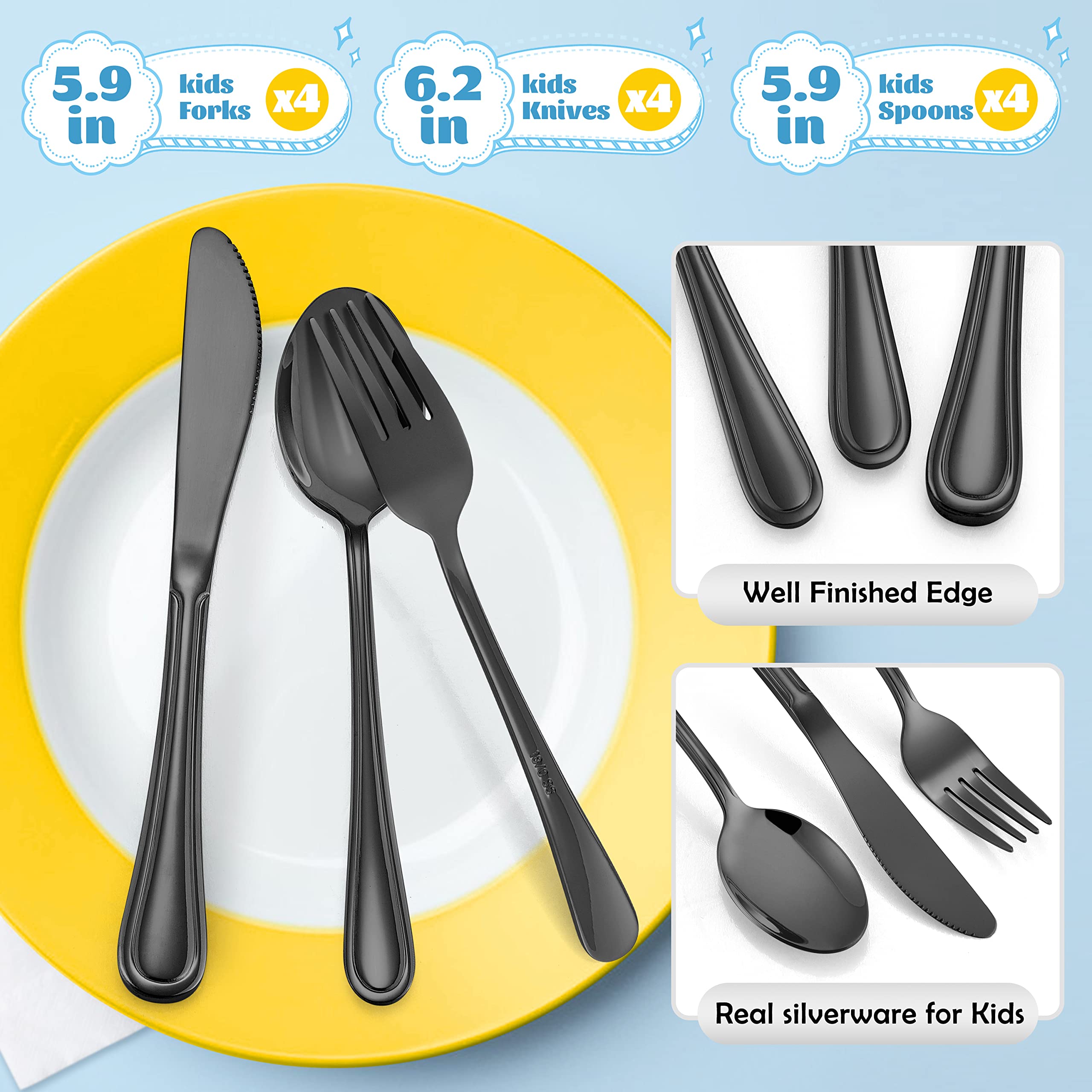 E-far kids forks highlight sturdy tines and easy food stabbing for beginners.