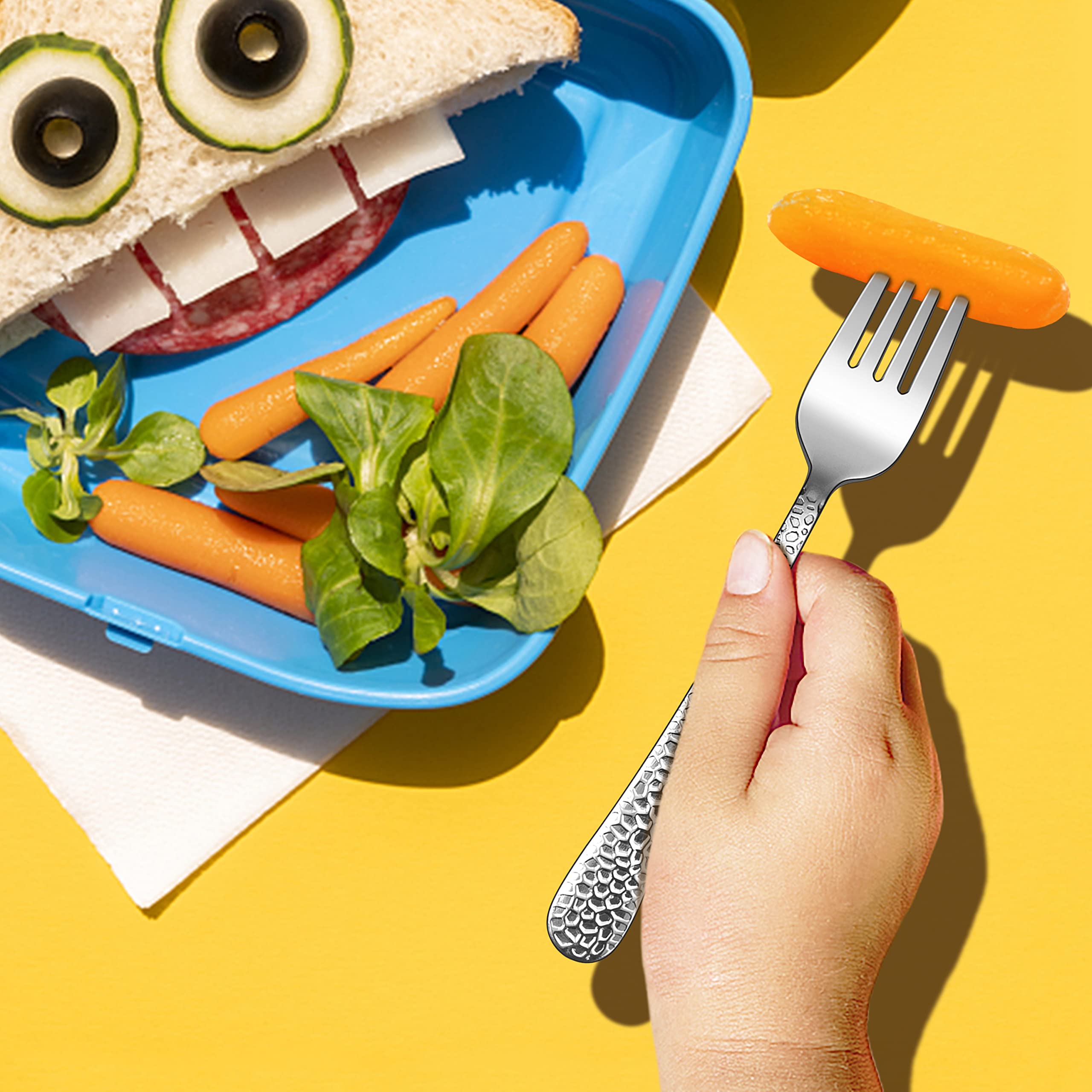 E-far forks with hammer-pattern fronts attract kids and aid grip.