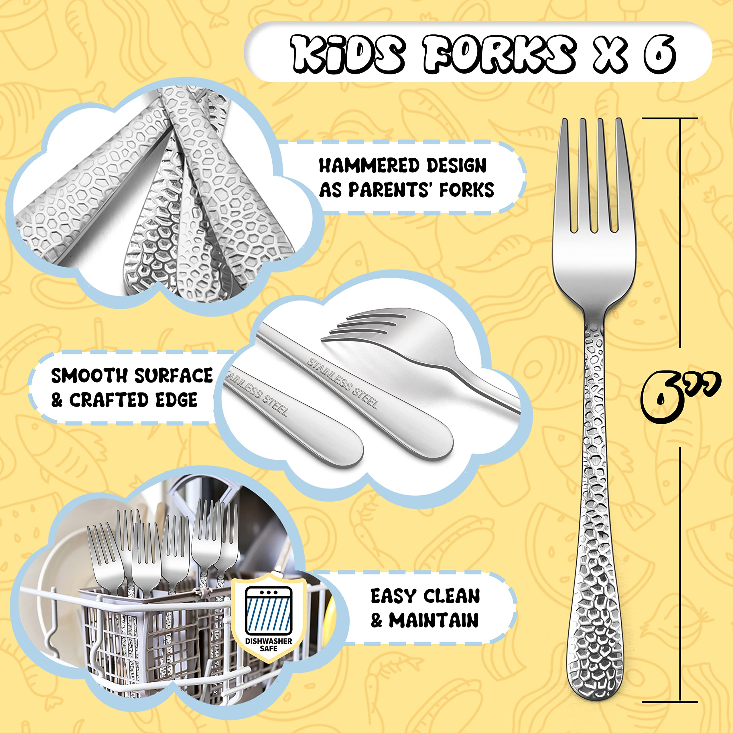 E-far small-size stainless steel forks fit little hands for daily meals.