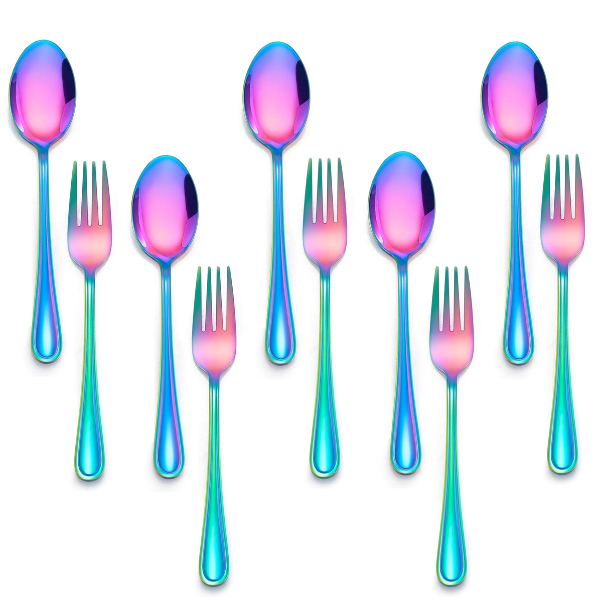 E-far rainbow toddler utensils set with 5 forks and 5 spoons supports independent eating.