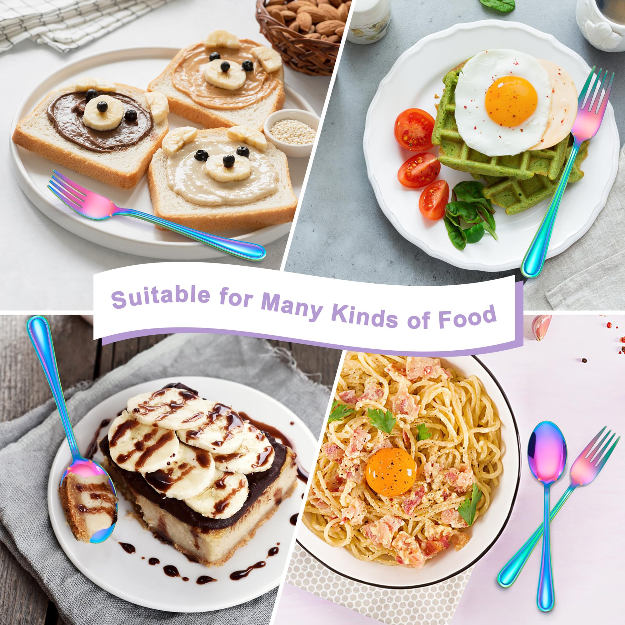 E-far rainbow toddler utensils easy to clean after busy family meals.