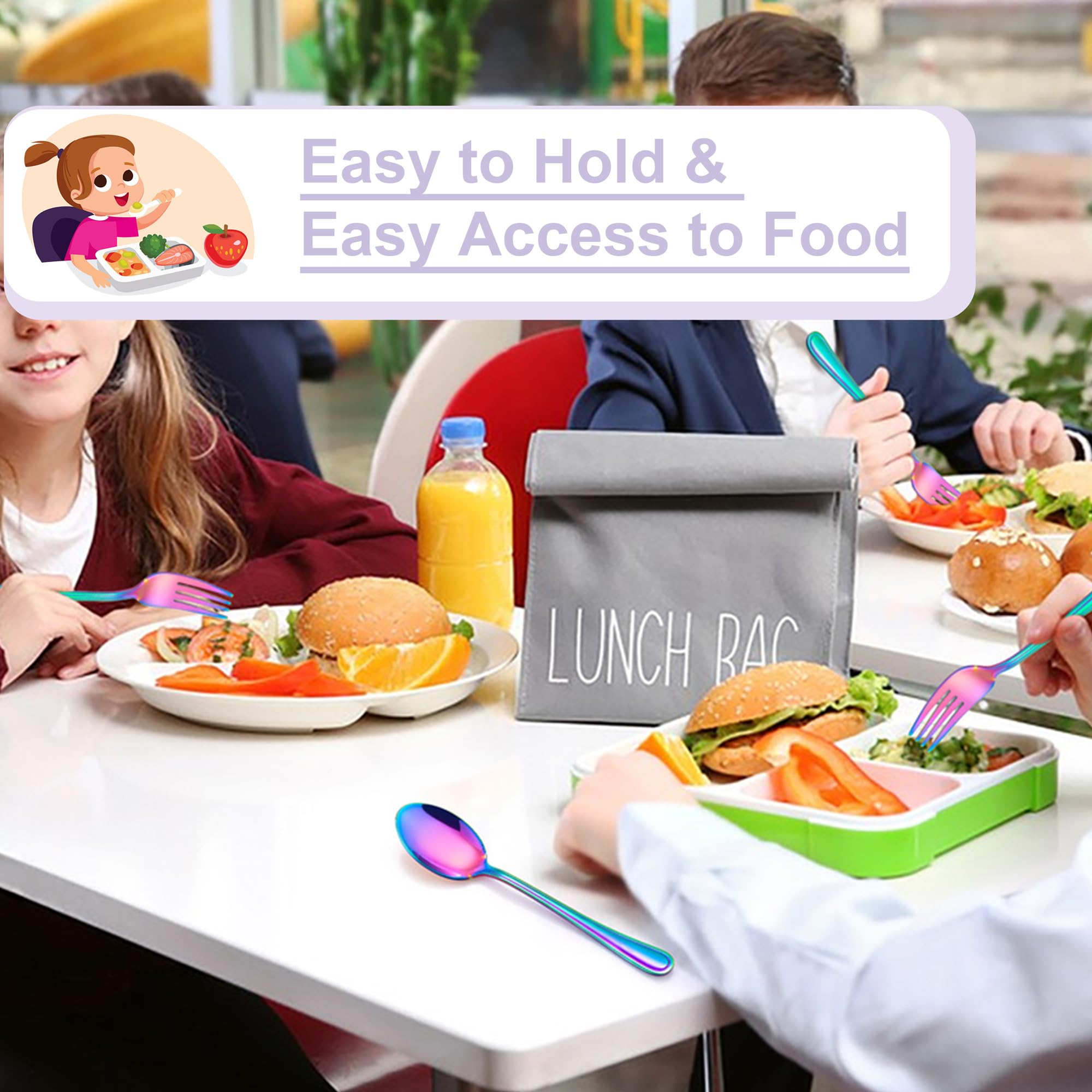 E-far rainbow toddler utensils compact for lunch boxes and on-the-go meals.