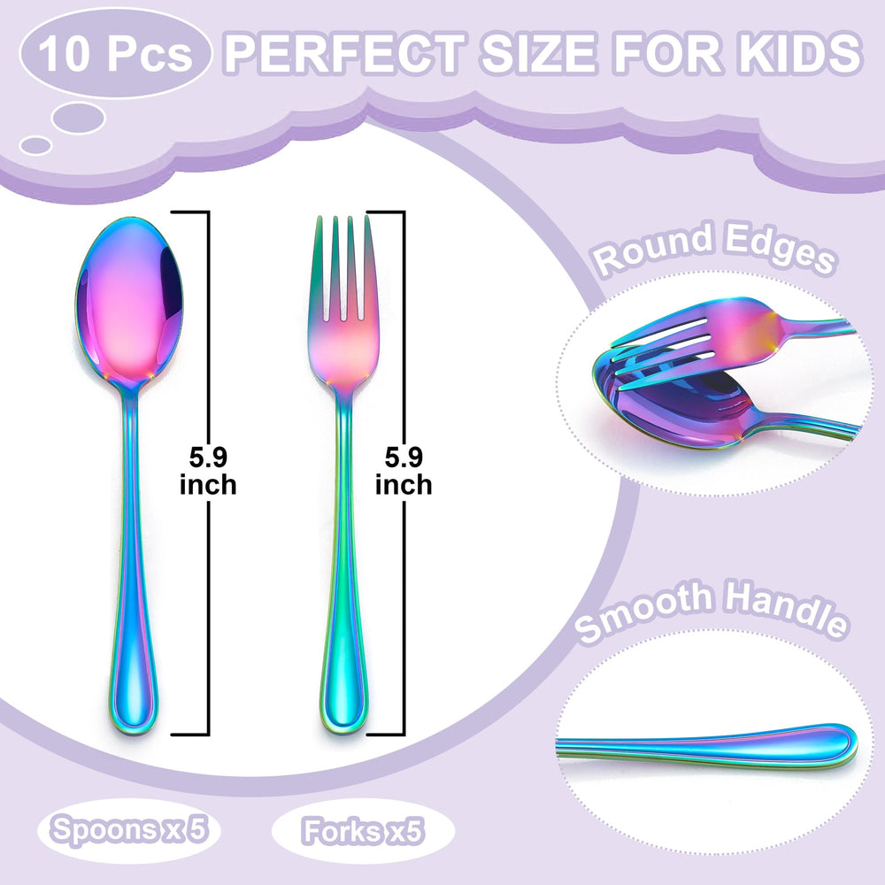 E-far rainbow toddler utensils with mirror polish for easy cleaning and safe use.