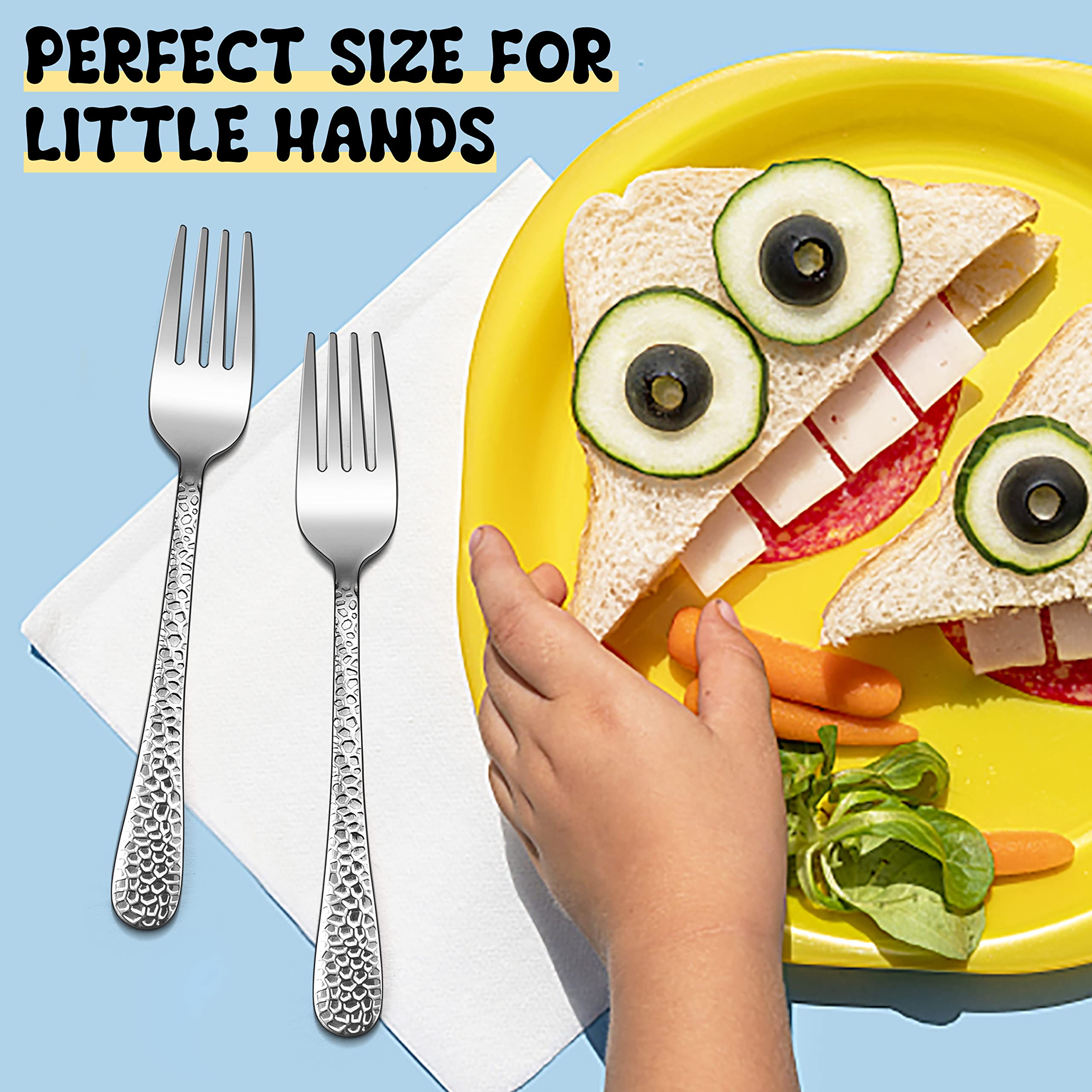 E-far dishwasher-safe stainless steel kids forks resist rust after washing.