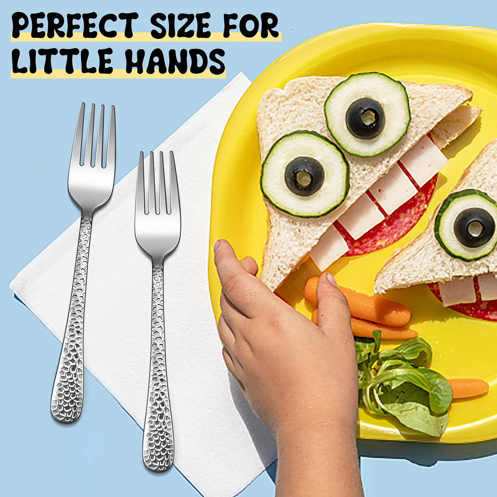 E-far dishwasher-safe stainless steel kids forks resist rust after washing.