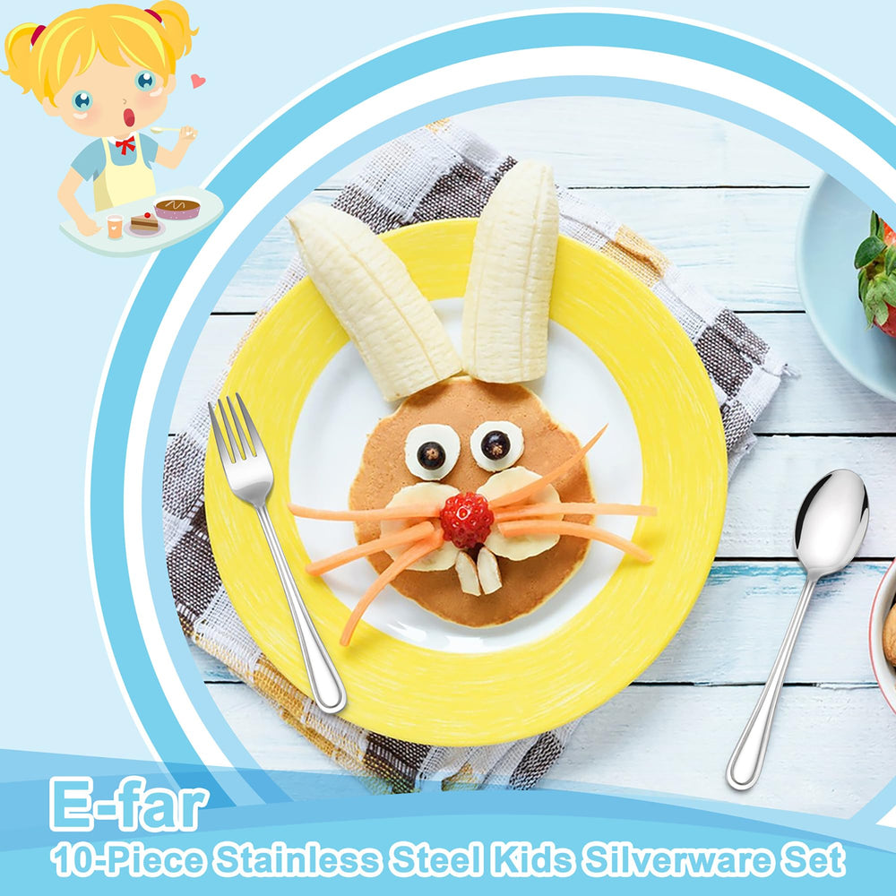 E-far five-spoons closeup demonstrates kid-friendly 5.9-inch size for self-feeding.