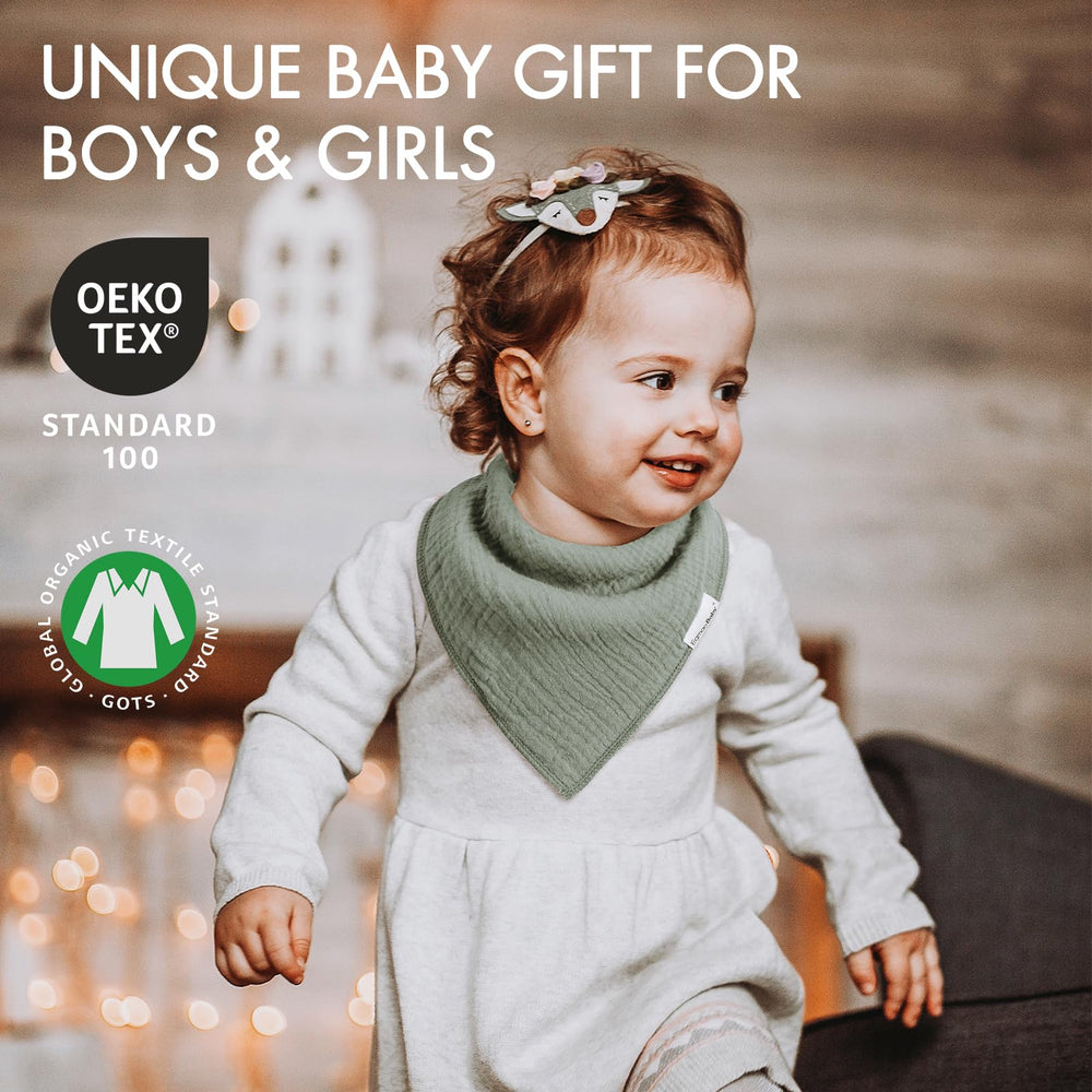 Egmao Baby bandana bibs demonstrate adjustable snaps for growing teething babies.