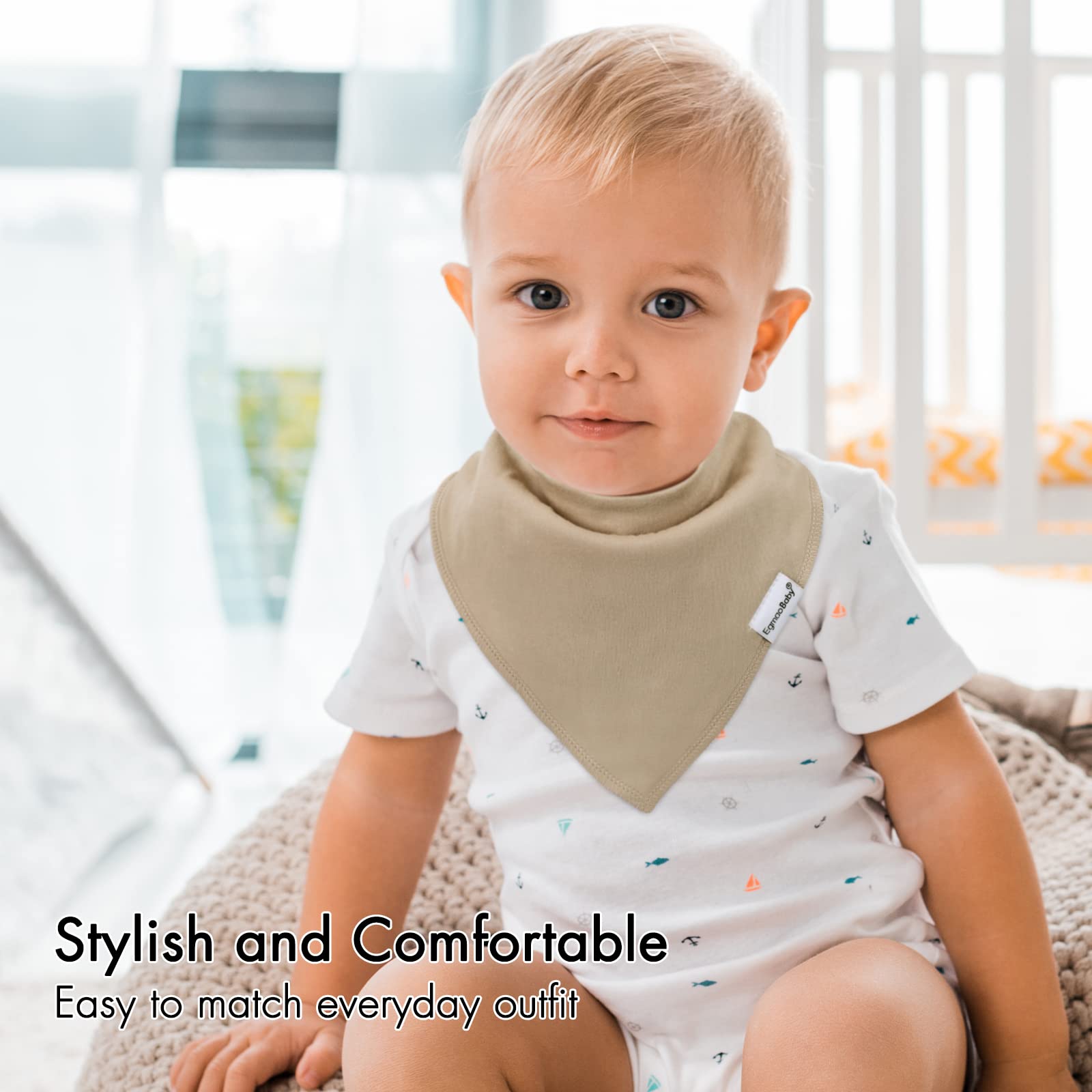 Egmao bandana bibs with adjustable snaps fit growing babies for versatile dribble protection.