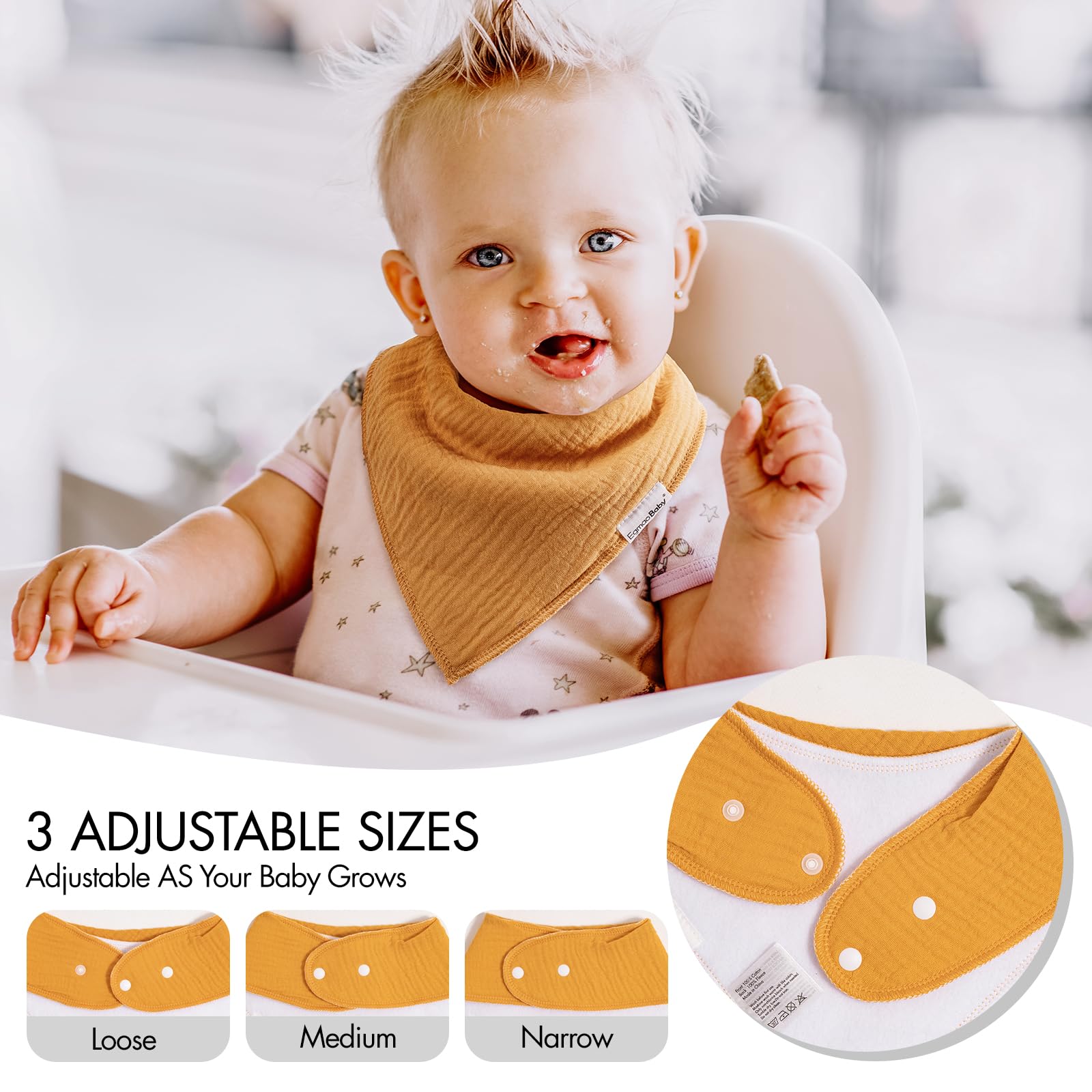 Egmao Baby bibs offer soft organic cotton feel for sensitive skin during teething.