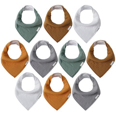 Egmao Baby muslin bibs 10-pack shown on a baby chest to contain drool.