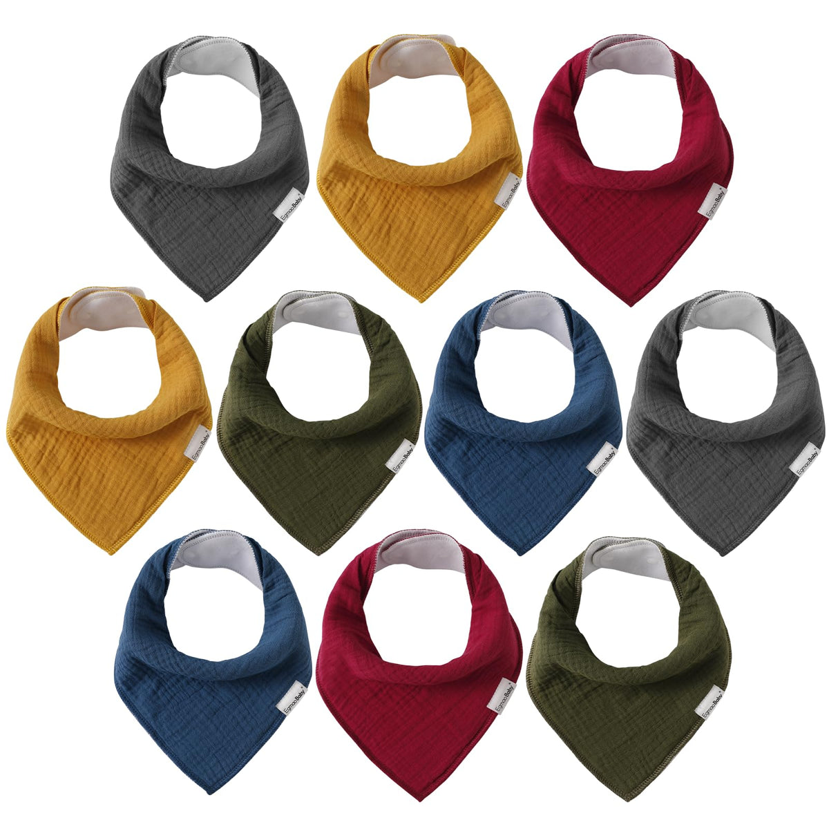 Egmao baby muslin bibs 10-pack packaging, ready for daily drool and mess management.