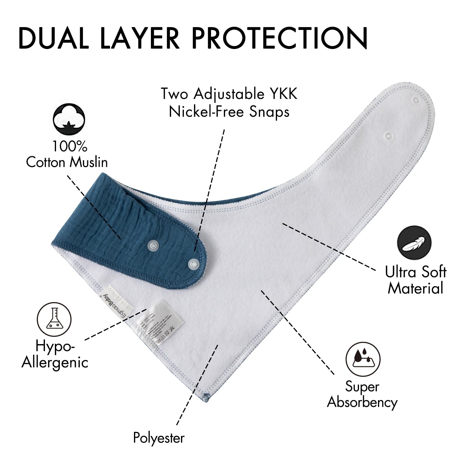 egmao baby muslin bibs on baby—soft, skin-friendly daily wear.