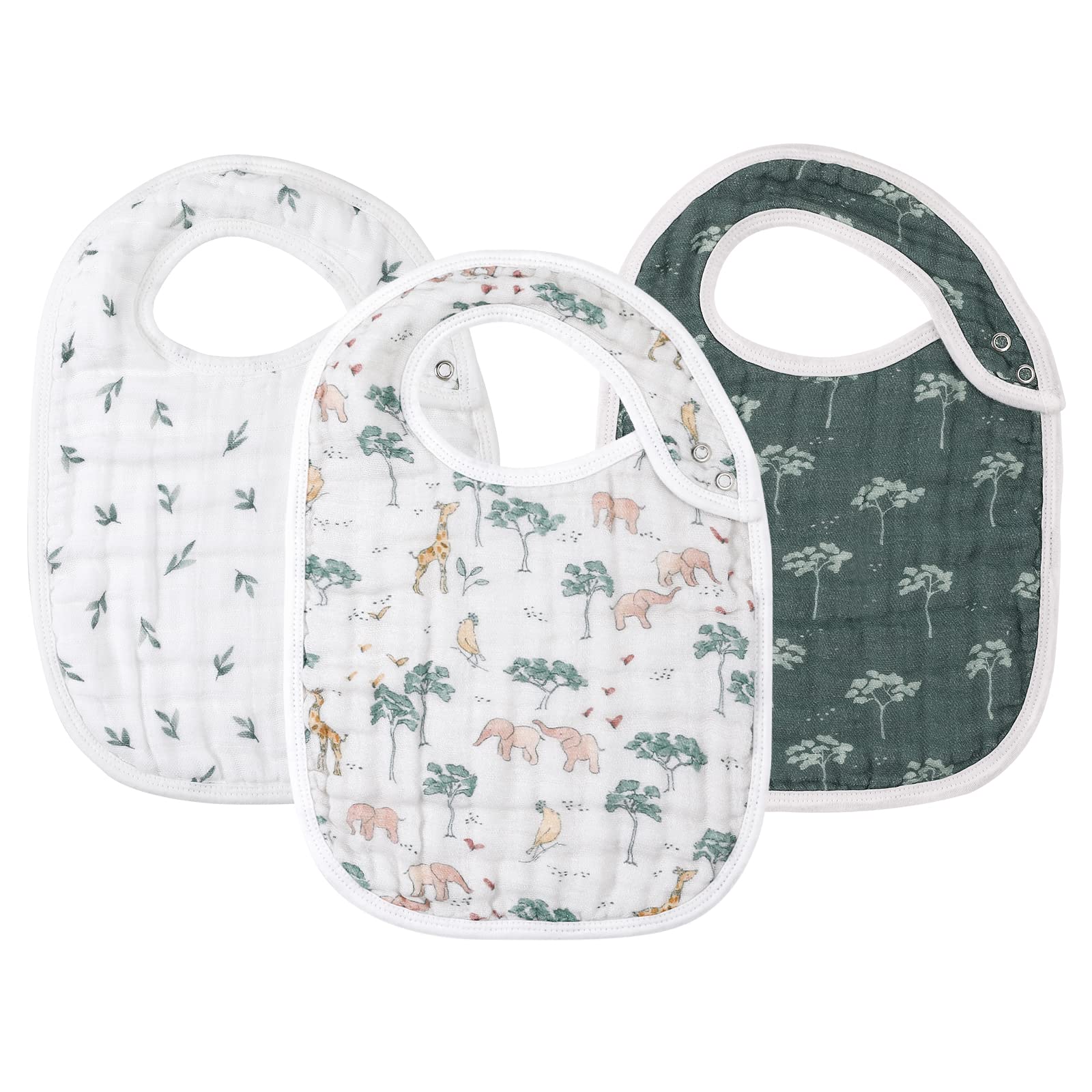 egmao baby snap muslin bibs Animal Jungle front view with adjustable snaps for secure fit.
