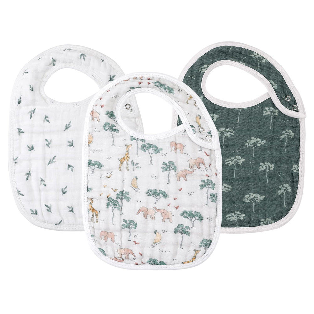egmao baby snap muslin bibs Animal Jungle front view with adjustable snaps for secure fit.