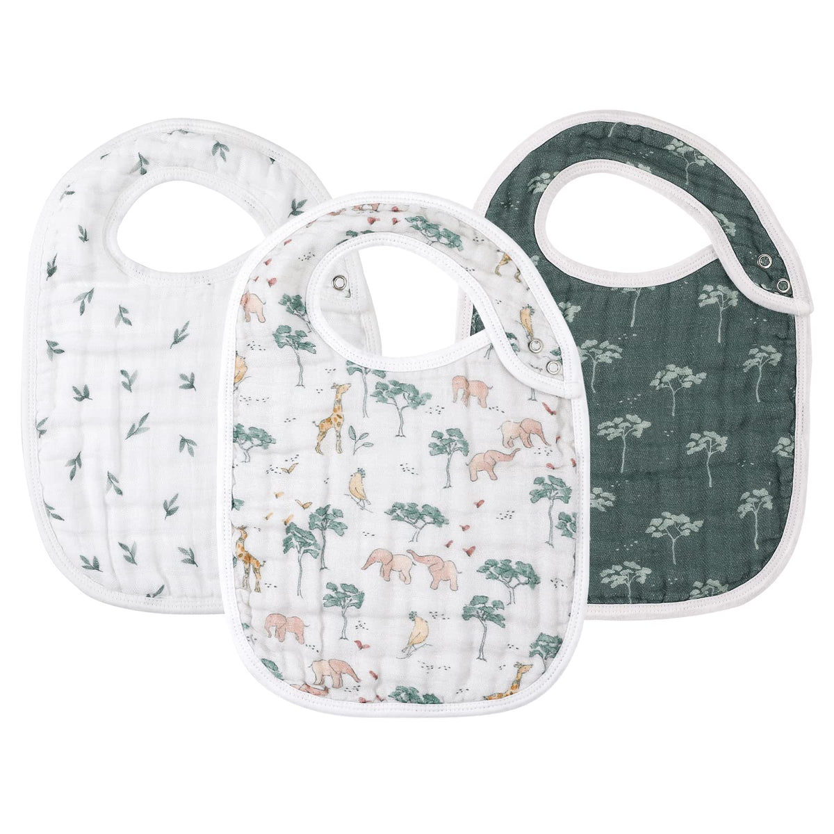 egmao baby snap muslin bibs Animal Jungle front view with adjustable snaps for secure fit.