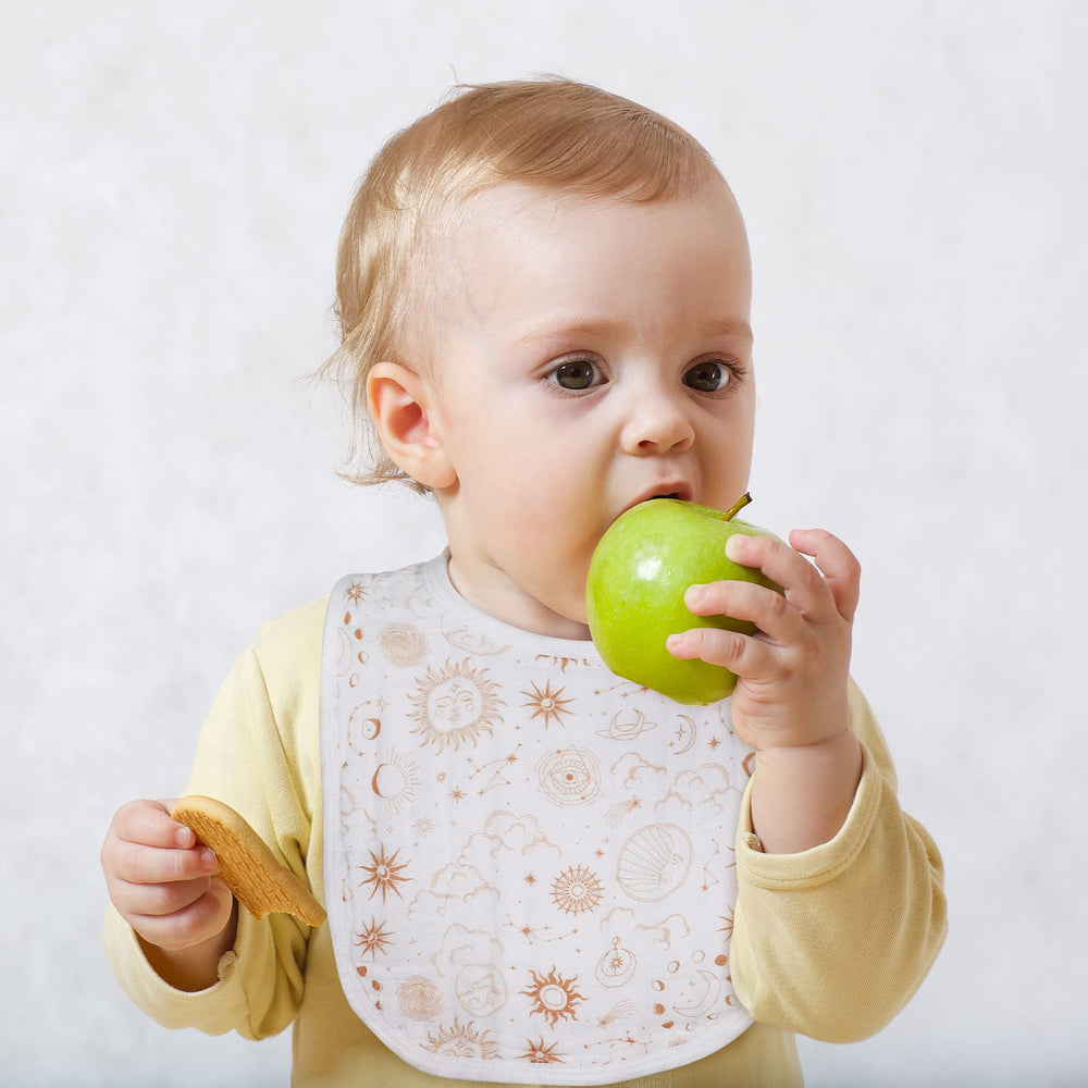 Egmao Cosmos bib close-up shows absorbent three-layer cotton.