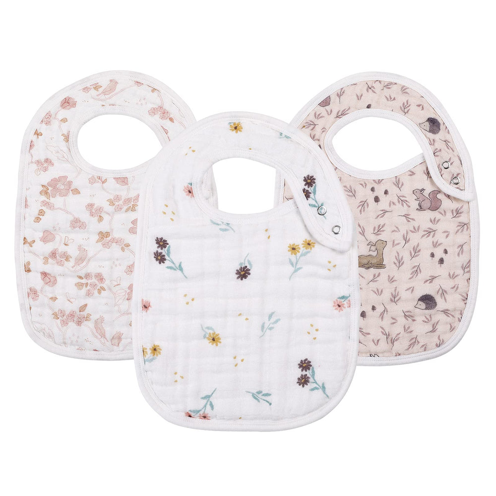 egmao baby snap muslin bibs girls 3-pack front view shows soft absorbent cotton for mealtime messes