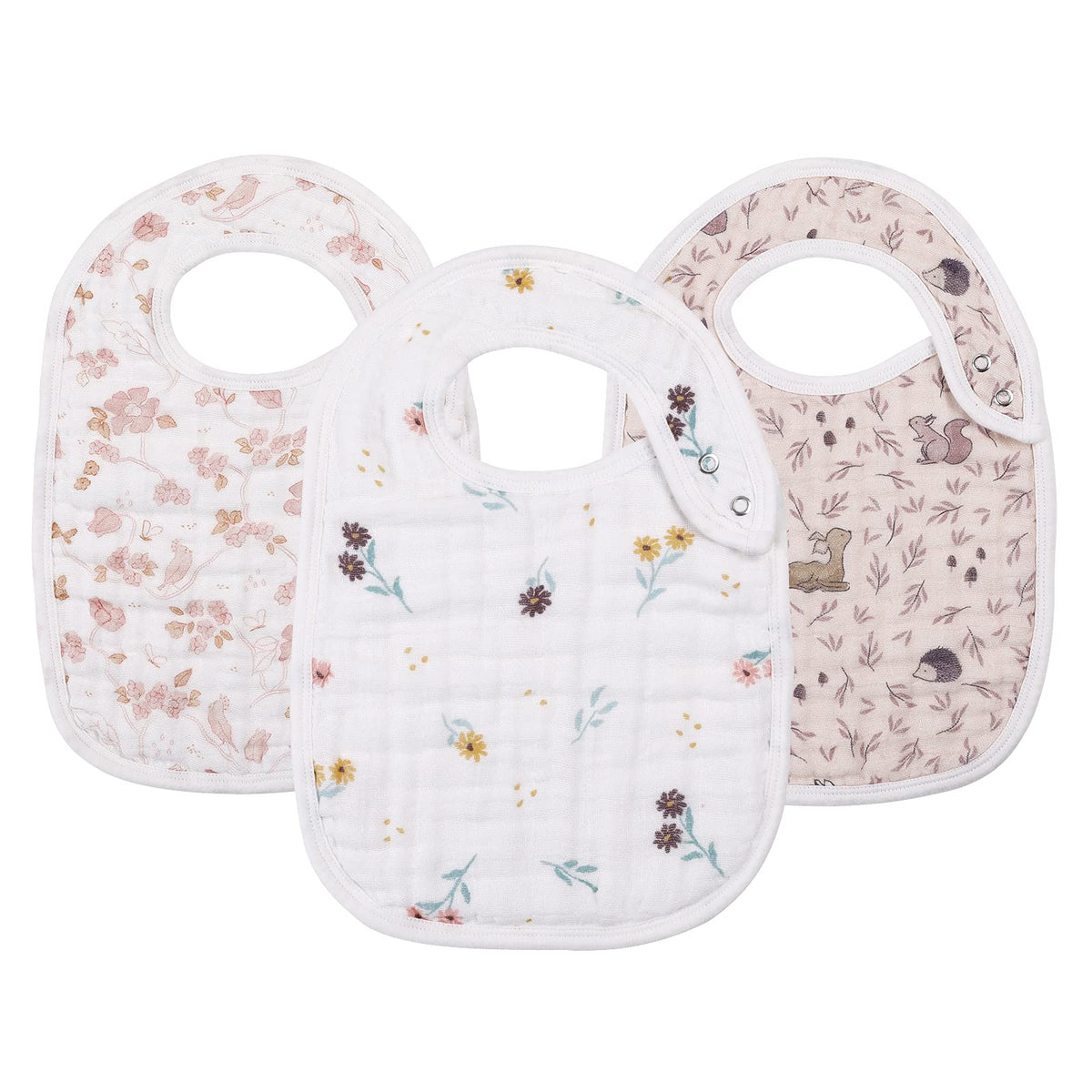 egmao baby snap muslin bibs girls 3-pack front view shows soft absorbent cotton for mealtime messes