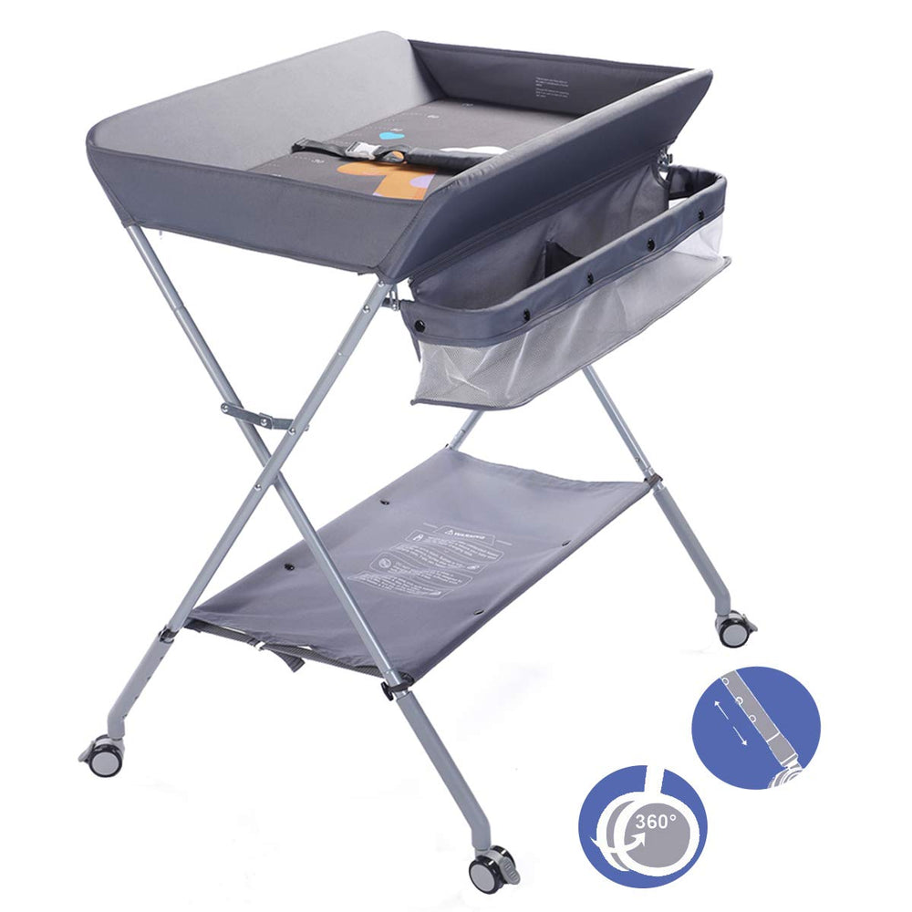 EGREE baby changing table folded with wheels demonstrates portable mobility for nursery tasks.