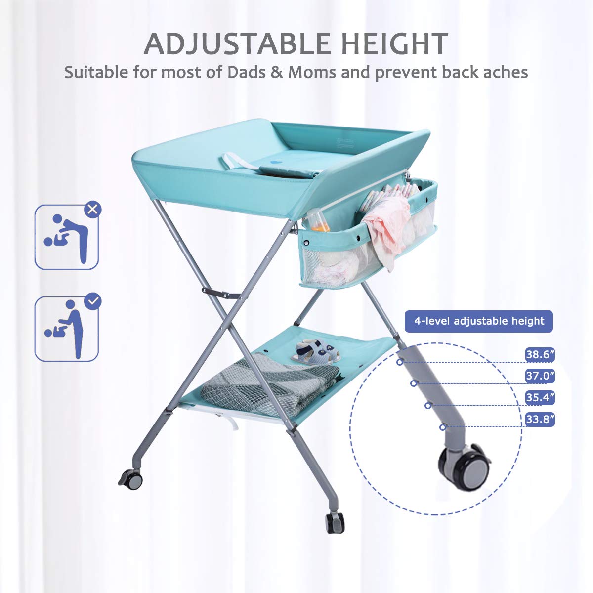 EGREE baby changing table height adjustment showing the 33.8 to 38.6 inch range for comfort.