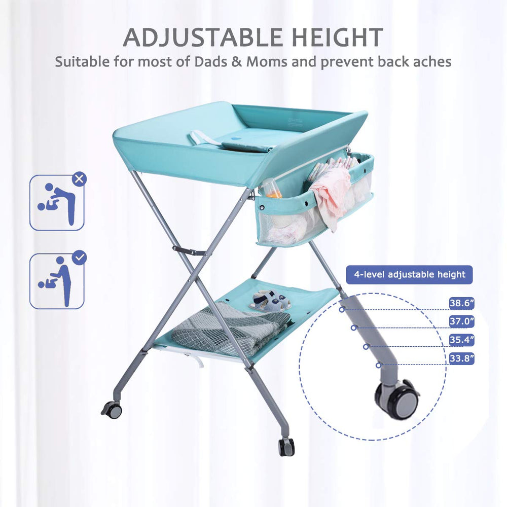 EGREE baby changing table height adjustment showing the 33.8 to 38.6 inch range for comfort.