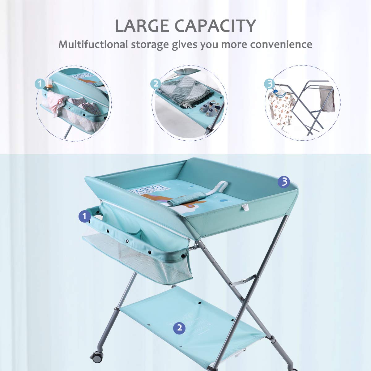 EGREE baby changing table storage baskets image showcasing organized essentials within reach.