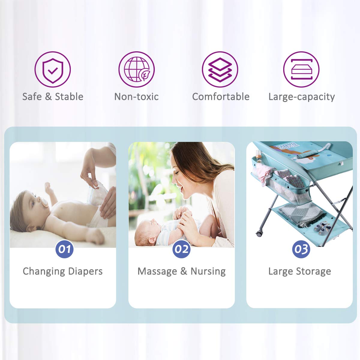 EGREE baby changing table with wheels demonstrating smooth, quiet mobility across floors.