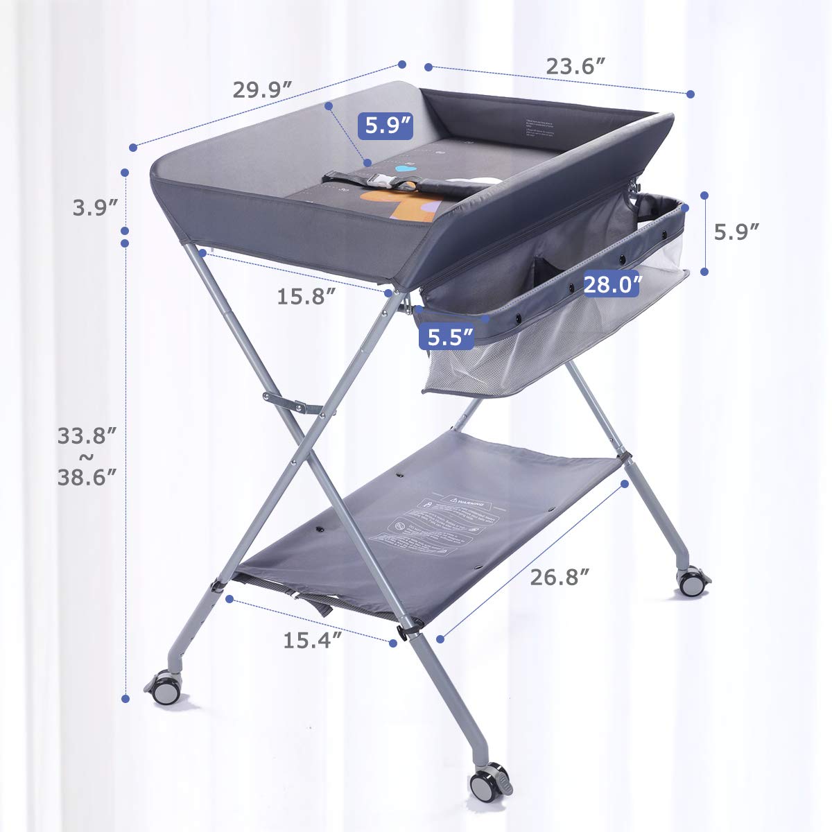 EGREE height-adjustable changing table shown at different heights for comfortable diaper changes.