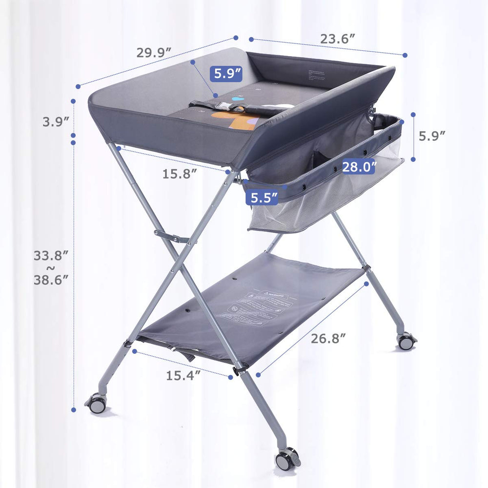 EGREE height-adjustable changing table shown at different heights for comfortable diaper changes.