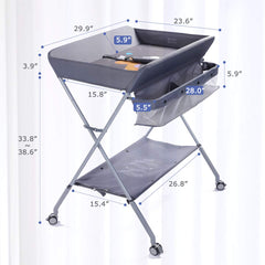 EGREE height-adjustable changing table shown at different heights for comfortable diaper changes.