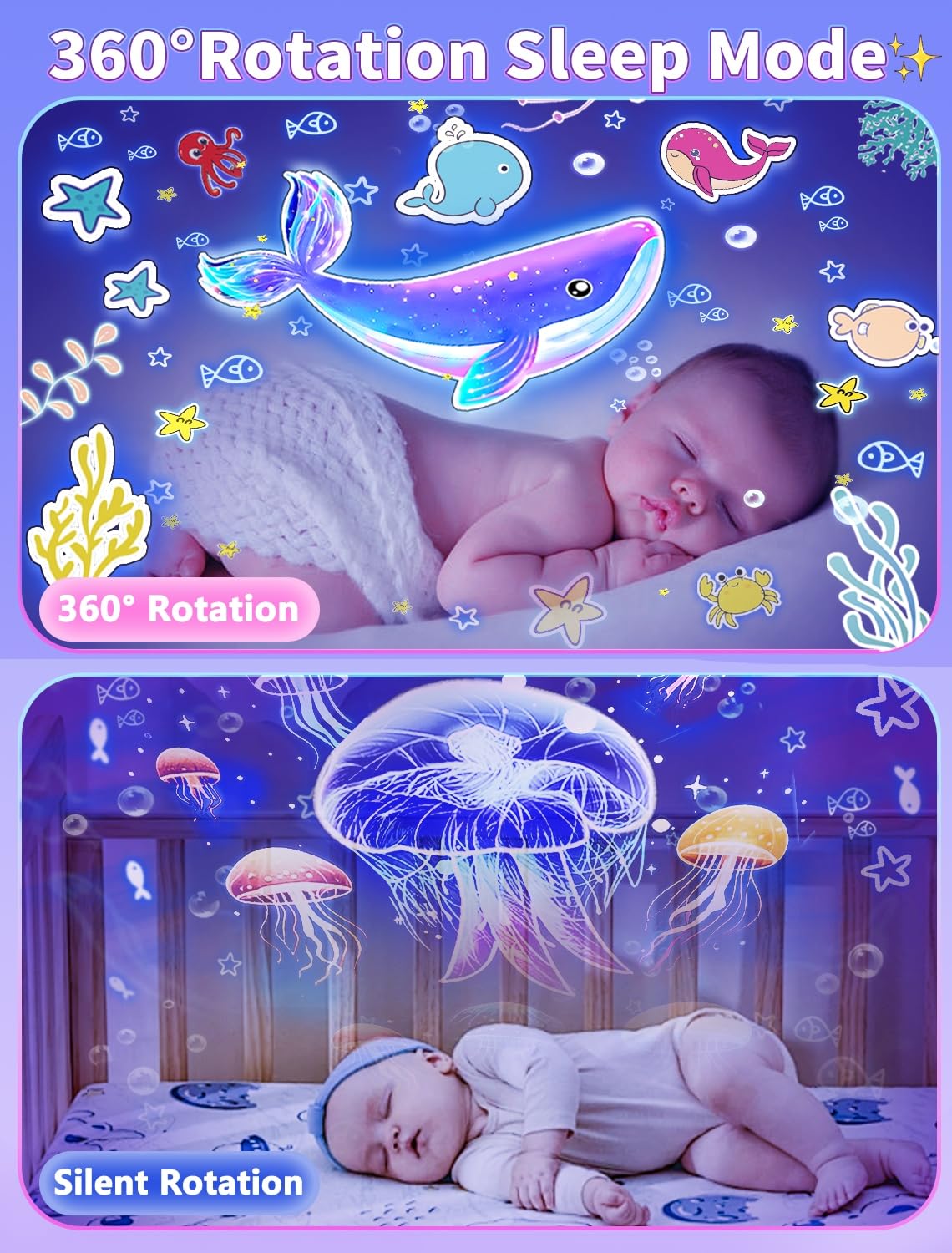 Eigther kid-friendly projector includes 21 films with whales, jellyfish, stars for imaginative play.