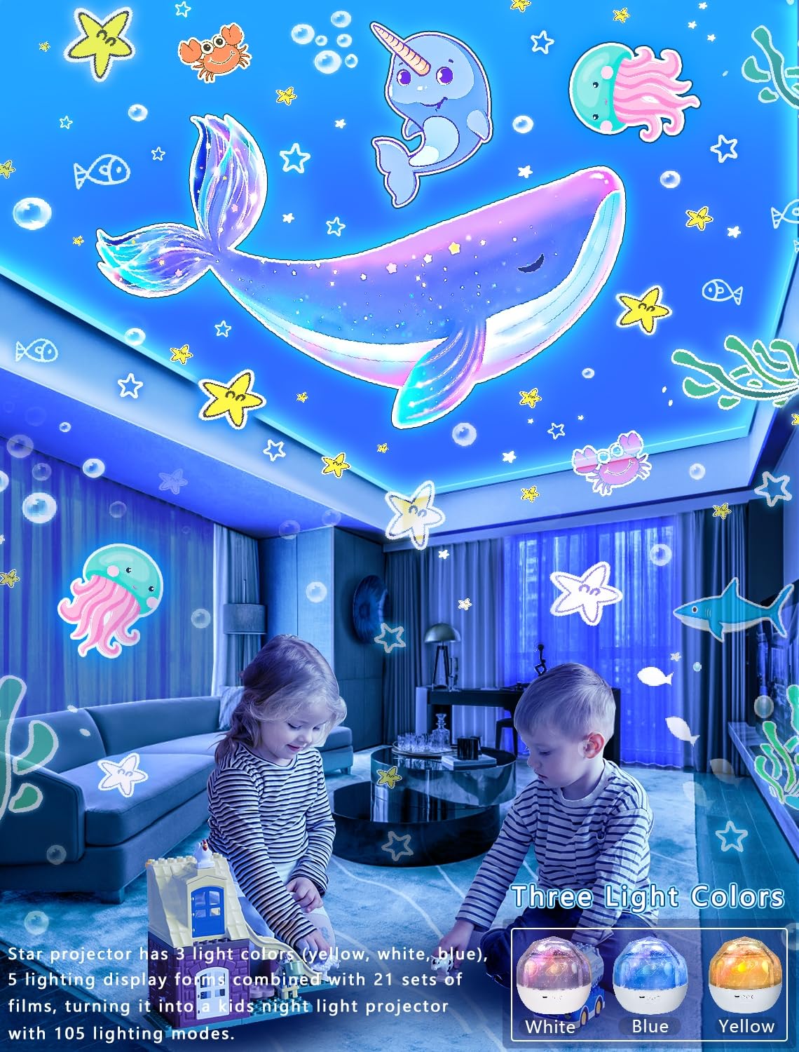 Eigther 6 colour modes provide personalized ambience for bedtime.