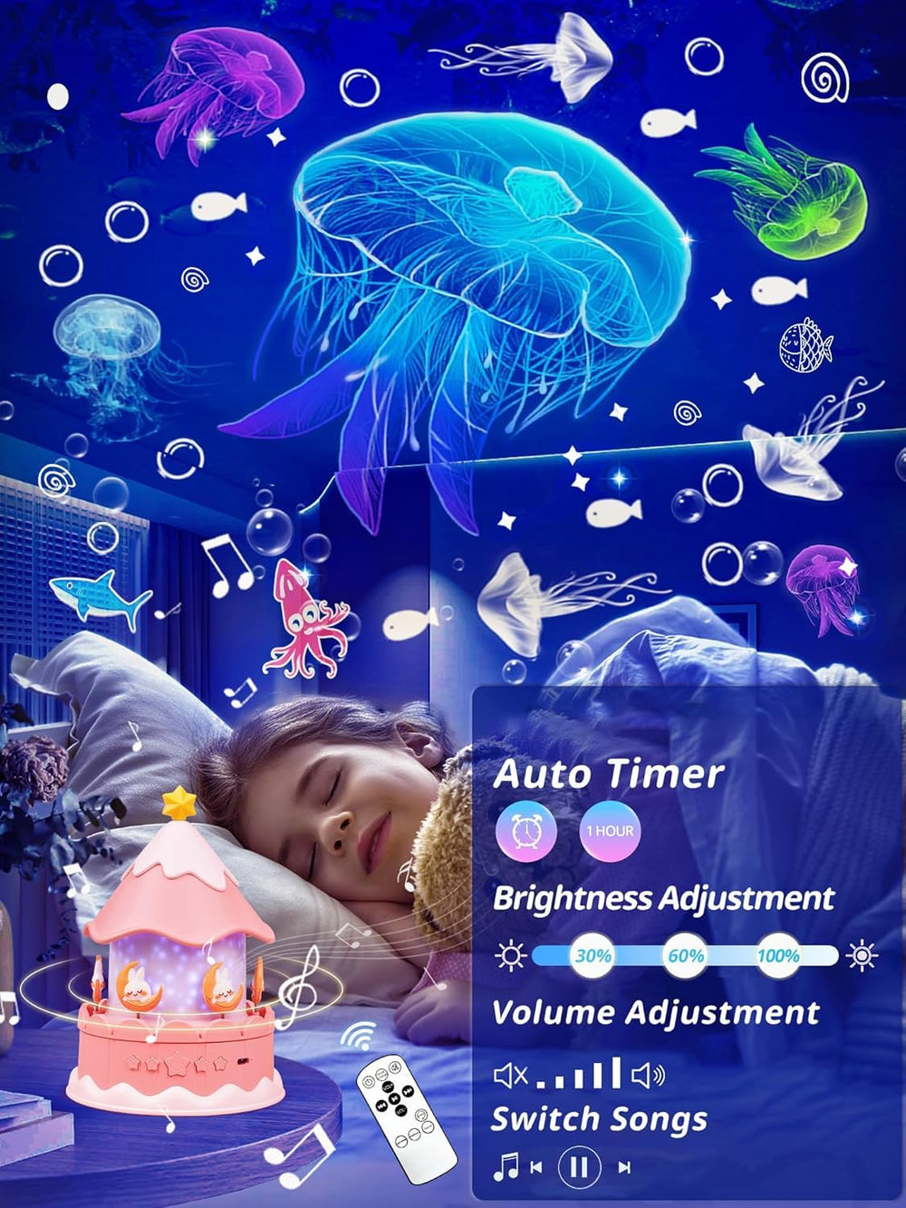 Eigther remote night light with timer and brightness for eye-friendly nights.