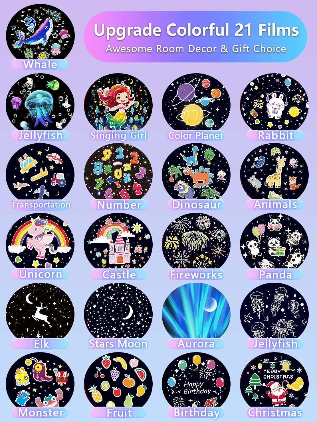 Eigther star projector displays 21 film scenes for imaginative play