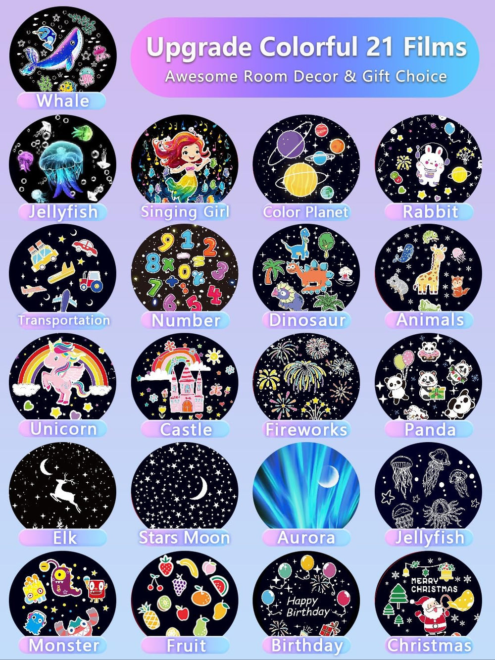 Eigther star projector displays 21 film scenes for imaginative play